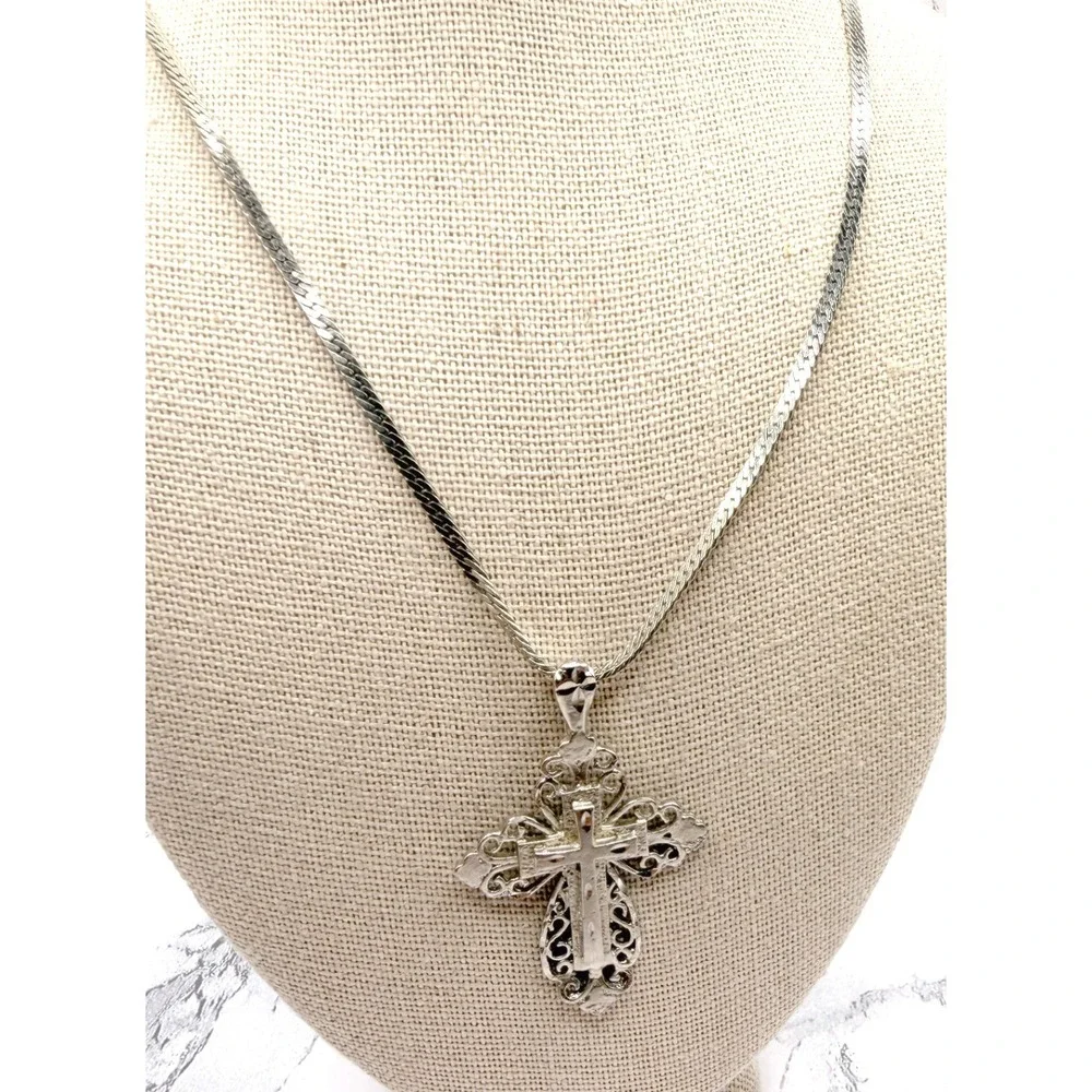 Silver Tone Filigree Cross Necklace 23